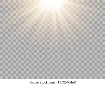 Yellow sun light, flash with soft rays. Vector design element, template on isolated transparent background.