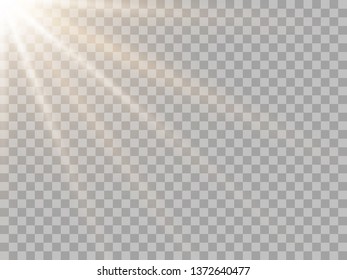 Yellow sun light, flash with soft diagonal rays. Vector design element, template on isolated transparent background.