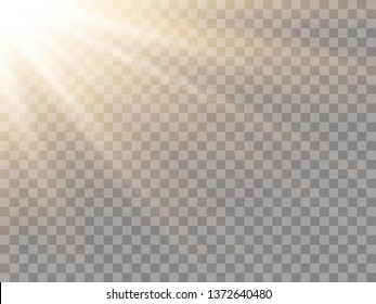 Yellow sun light, flash with soft diagonal rays. Vector design element, template on isolated transparent background.