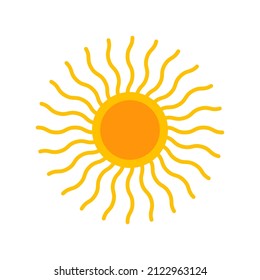 Yellow sun with lights. Sunny hot illustration. Summer simple ray. Sunbeam icon
