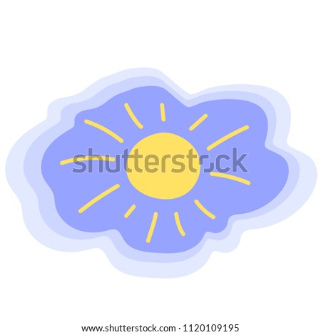 Yellow sun on blue sky. Sunny weather freehand vector icon. Childish sun logo. Weather forecast symbol. Summer sky illustration. Morning sunshine isolated. Optimistic natural sign of spf protection