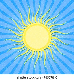Yellow Sun on Grunge Blue Striped Card. Vector Illustration