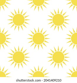Yellow sun on a white background. Seamless modern pattern. Fashionable print for fabrics, decorative pillows, packing paper. Vector.