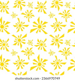 Yellow sun on white background seamless pattern. Vector illustration.