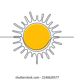 Yellow sun one black continuous line, light rays outline. One line drawing. Circle full sun and sunlight. Hot solar energy for tan. Vector art illustration