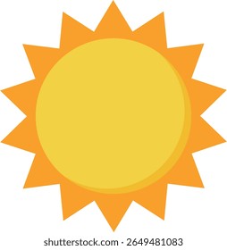 Yellow sun with orange triangular rays in a flat vector style, radiating in all directions, ideal for weather apps, educational visuals, or cheerful design elements