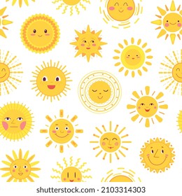 Yellow sun pattern. Summer suns, scribble sketch baby print. Morning cartoon characters, funny sunny childish decent vector seamless texture