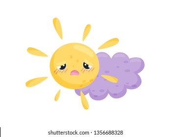 Yellow sun and purple cloud on white background.