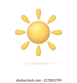 Yellow sun with rays. 3d icon isolated on white background. Weather icon, nature, space concept. Vector illustration