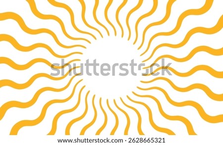 Yellow sun rays background. Wavy rays in groovy style. Abstract sun burst poster. Psychedelic texture. 70s, 80s design. Radial wave lines. Vector illustration isolated on white background.