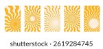 Yellow sun rays backgrounds set. Wavy rays in groovy style. Abstract sun burst poster. Psychedelic texture. 70s, 80s design. Radial wave lines. Vector illustration isolated on white background.