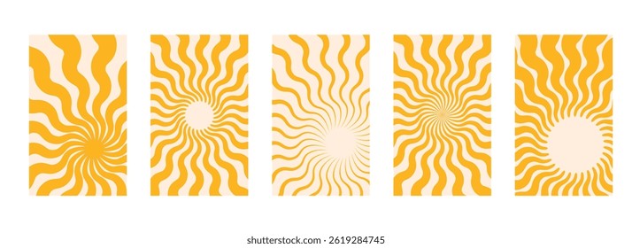 Yellow sun rays backgrounds set. Wavy rays in groovy style. Abstract sun burst poster. Psychedelic texture. 70s, 80s design. Radial wave lines. Vector illustration isolated on white background.