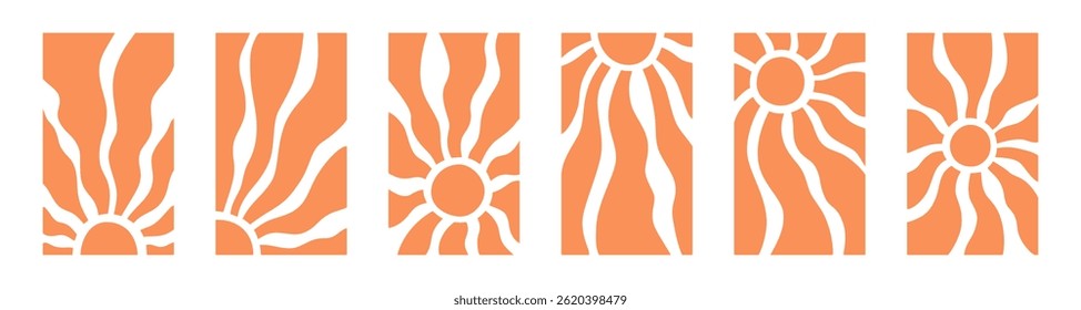 Yellow sun rays backgrounds set. Wavy rays in groovy style. Abstract sun burst poster. Psychedelic texture. 70s, 80s design. Radial wave lines. Vector illustration isolated on white background.