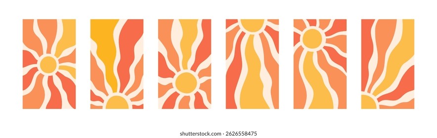 Yellow sun rays backgrounds set. Wavy rays in groovy style. Abstract sun burst poster. Psychedelic texture. 70s, 80s design. Radial wave lines. Vector illustration isolated on white background.