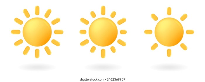 Yellow sun with rays, Cartoon minimal style. d icon isolated on white background. Weather icon, nature, space concept, Glowing star in minimal style. Sunny day sign.