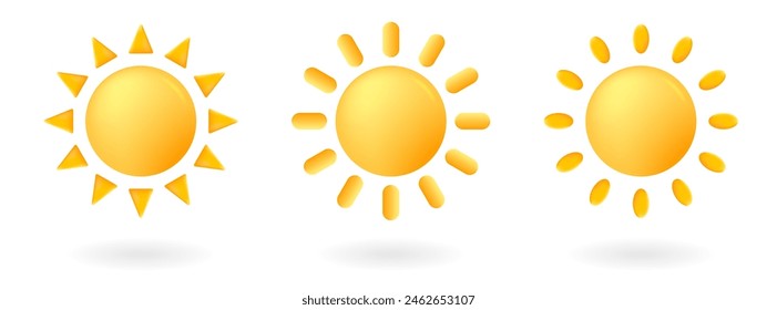 Yellow sun with rays, Cartoon minimal style. d icon isolated on white background. Weather icon, nature, space concept, Glowing star in minimal style. Sunny day sign.