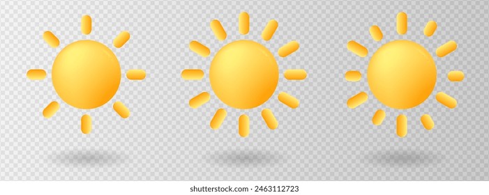 Yellow sun with rays, Cartoon minimal style. d icon isolated on white background. Weather icon, nature, space concept, Glowing star in minimal style. Sunny day sign.