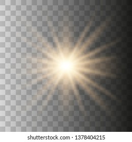 Yellow sun with rays and glow on transparent like background. Contains clipping mask. glow light. Vector illustration eps 10.