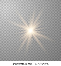 Yellow sun with rays and glow on transparent like background. Contains clipping mask. glow light. Vector illustration eps 10.