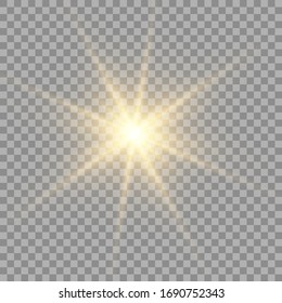 Yellow sun with rays and glow on transparent like background. Contains clipping mask. glow light. Vector illustration eps 10.