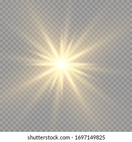 Yellow sun with rays and glow on transparent like background. Contains clipping mask. glow light. Vector illustration eps 10.