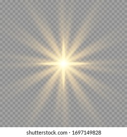 Yellow sun with rays and glow on transparent like background. Contains clipping mask. glow light. Vector illustration eps 10.