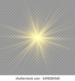 Yellow sun with rays and glow on transparent like background. Contains clipping mask. glow light. Vector illustration eps 10.