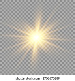 Yellow sun with rays and glow on transparent like background. Contains clipping mask. glow light. Vector illustration eps 10.