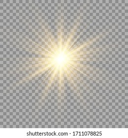 Yellow sun with rays and glow on transparent like background. Contains clipping mask. glow light. Vector illustration eps 10.