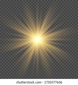 Yellow sun with rays and glow on transparent like background. Contains clipping mask. glow light. Vector illustration eps 10.
