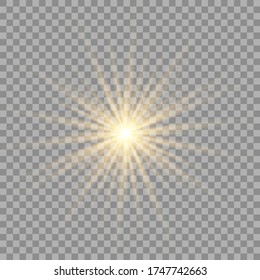 Yellow sun with rays and glow on transparent like background. Contains clipping mask. glow light. Vector illustration eps 10.