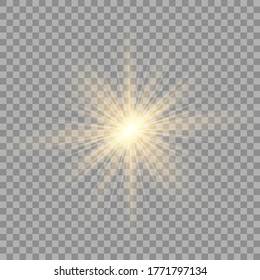 Yellow sun with rays and glow on transparent like background. Contains clipping mask. glow light. Vector illustration eps 10.