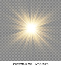 Sol amarillo con rayos y resplandeciente como fondo. Contiene máscara de recorte. resplandecer la luz. Ilustración vectorial eps 10.