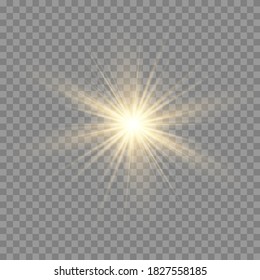 Gelbe Sonne mit Rochen und Glühen auf transparentem, ähnlichem Hintergrund. Enthält die Clipping-Maske. Licht leuchten. Vektorgrafik eps10.