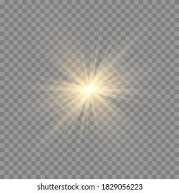 Yellow sun with rays and glow on transparent like background. Contains clipping mask. glow light. Vector illustration eps 10.