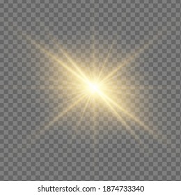 Yellow sun with rays and glow on transparent like background. Contains clipping mask. glow light. Vector illustration eps 10.
