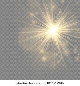 Yellow sun with rays and glow on transparent like background. Contains clipping mask. glow light. Vector illustration eps 10.