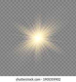 Yellow sun with rays and glow on transparent like background. Contains clipping mask. glow light. Vector illustration eps 10.