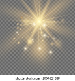 Yellow sun with rays and glow on transparent like background. Contains clipping mask. glow light. Vector illustration eps 10