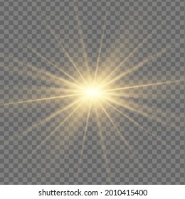 Gelbe Sonne mit Rochen und Glühen auf transparentem, ähnlichem Hintergrund. Enthält die Clipping-Maske. Licht leuchten. Vektorgrafik eps10.