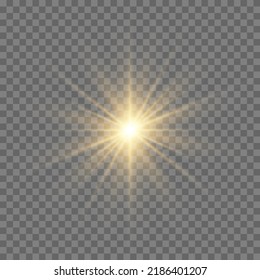 Yellow sun with rays and glow on transparent like background. Contains clipping mask. glow light. Vector illustration eps 10.