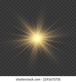 Yellow sun with rays and glow on transparent like background. Contains clipping mask. glow light. Vector illustration eps 10