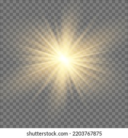 Yellow sun with rays and glow on transparent like background. Contains clipping mask. glow light. Vector illustration eps 10.