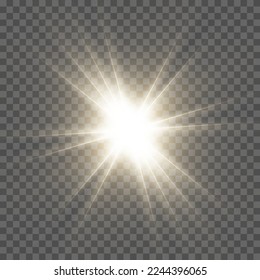 Gelbe Sonne mit Rochen und Glühen auf transparentem, ähnlichem Hintergrund. Enthält die Clipping-Maske. Licht leuchten. Vektorgrafik eps10.