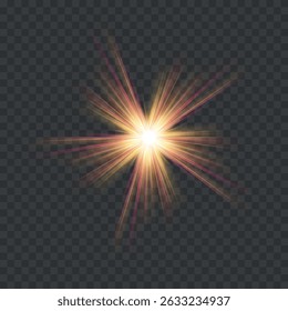 Yellow sun with rays and glow on transparent like background