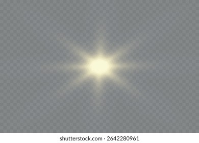Yellow sun with rays and glow on transparent like background. Contains clipping mask. glow light. Vector illustration eps 10.