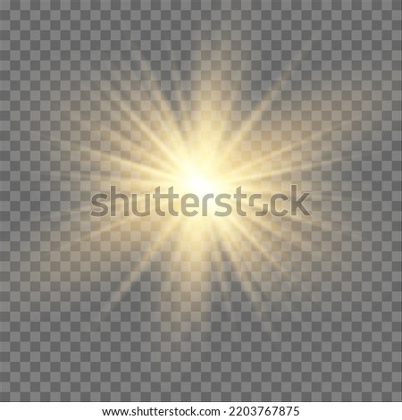 Yellow sun with rays and glow on transparent like background. Contains clipping mask. glow light. Vector illustration eps 10.