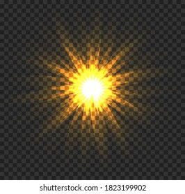 Yellow sun rays isolated. Realistic sun ray glow; abstract warm shine light effect starburst sunshine glowing, vector illustration