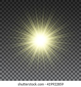 Yellow sun rays on transparent background. Light effect. Vector illustration.