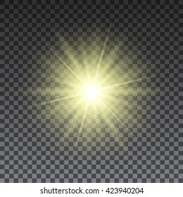 Yellow sun rays on transparent background. Light effect. Vector illustration.